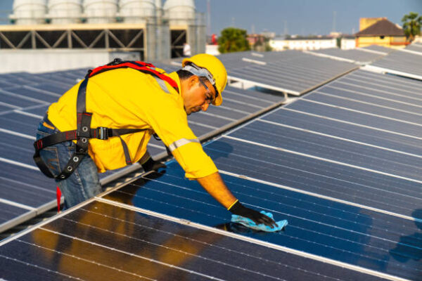 labor working on cleaning solar panel at solar power plant